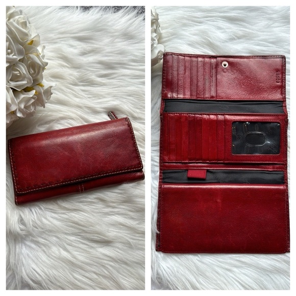 FOSSIL Soft Leather Trifold Billfold Wallet Deep Red Crimson with Stitching - Picture 1 of 12